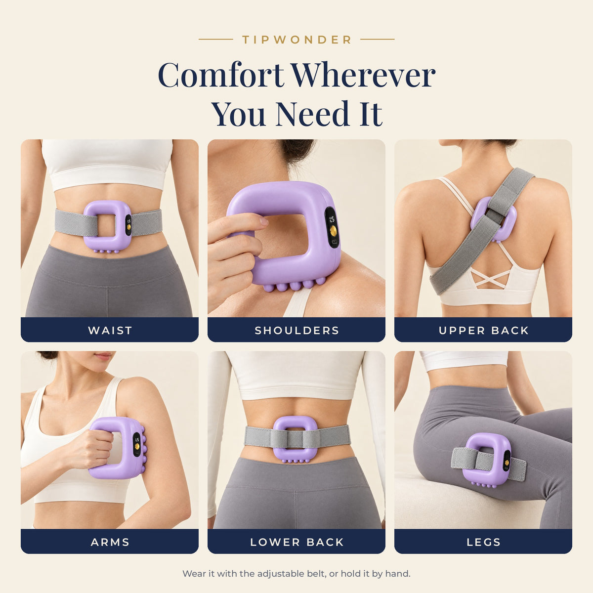 Mini Fascia Ring Massager used on the waist, shoulders, upper back, arms, lower back and legs with the adjustable belt or by hand