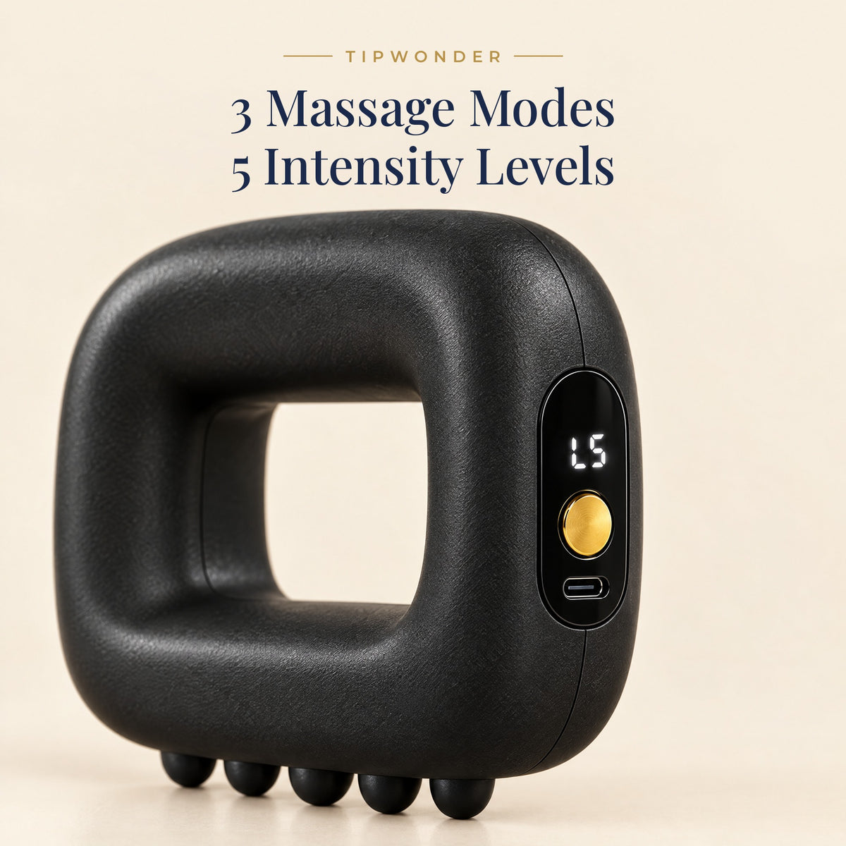 Close-up of the Mini Fascia Ring Massager control panel with digital display, button and USB-C port – 3 massage modes and 5 intensity levels