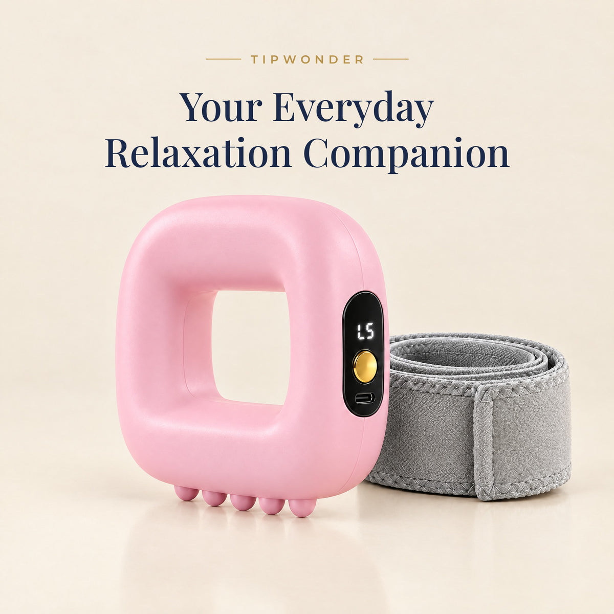 Tipwonder Mini Fascia Ring Massager in Cherry Blossom Pink with grey adjustable waist belt