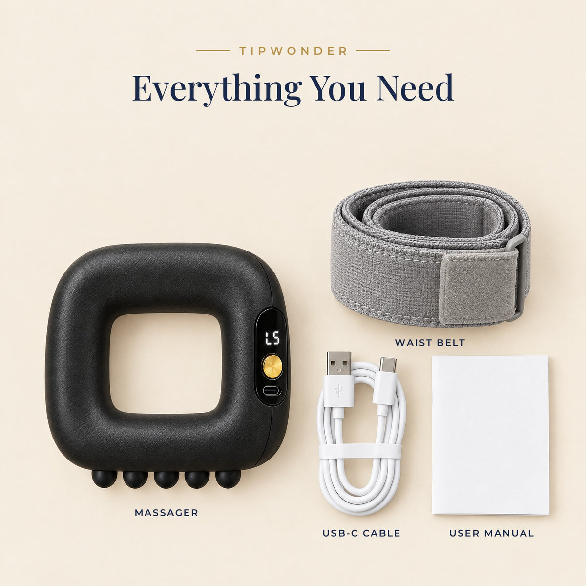 What's in the box: Mini Fascia Ring Massager, waist belt, USB-C cable and user manual