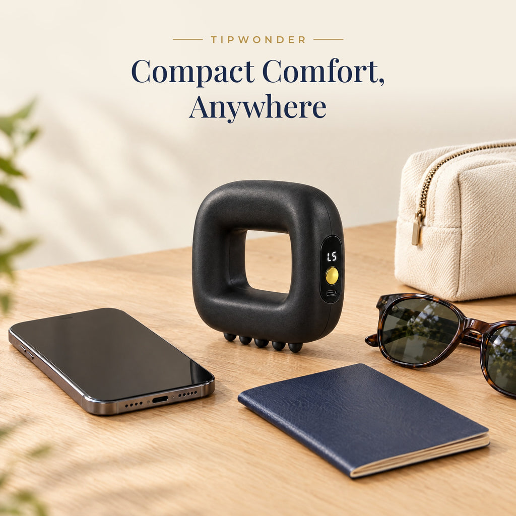 Compact Mini Fascia Ring Massager on a desk next to a phone, passport and sunglasses
