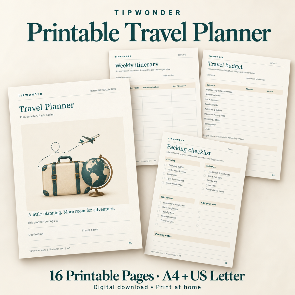 Tipwonder Printable Travel Planner – 16 Pages | A4 & US Letter