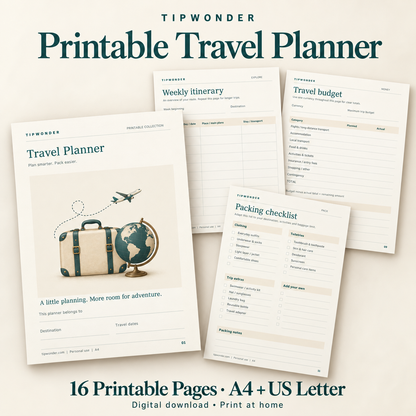 Tipwonder Printable Travel Planner – 16 Pages | A4 & US Letter