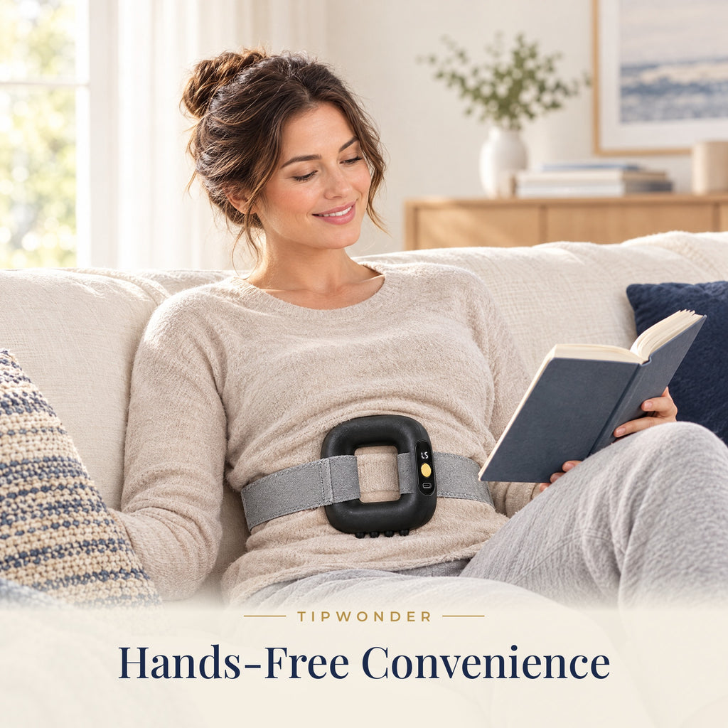 Woman relaxing on a sofa wearing the Mini Fascia Ring Massager hands-free with the waist belt