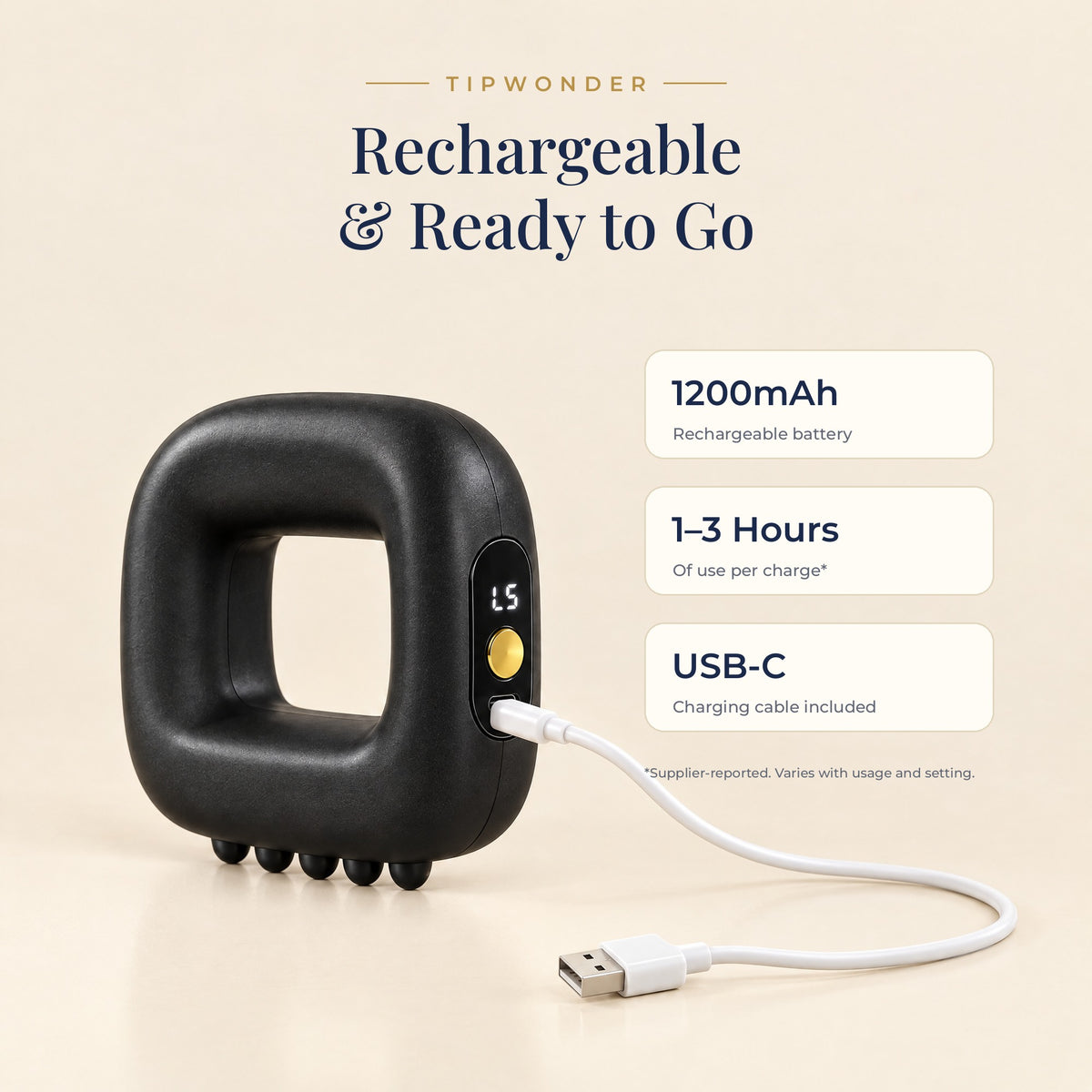 Mini Fascia Ring Massager charging with USB-C cable – 1200mAh rechargeable battery