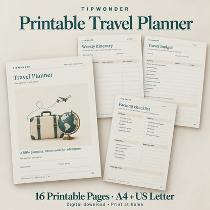 Tipwonder Printable Travel Planner – 16 Pages | A4 & US Letter